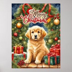 Merry Christmas Cute Puppy and Christmas Tree  Poster