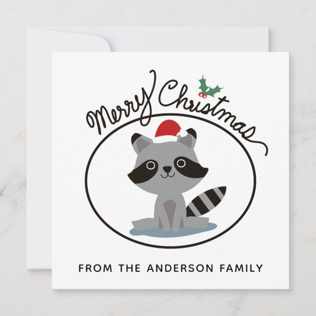 Merry Christmas Cute Raccoon Personalized Name Holiday Card (Front)
