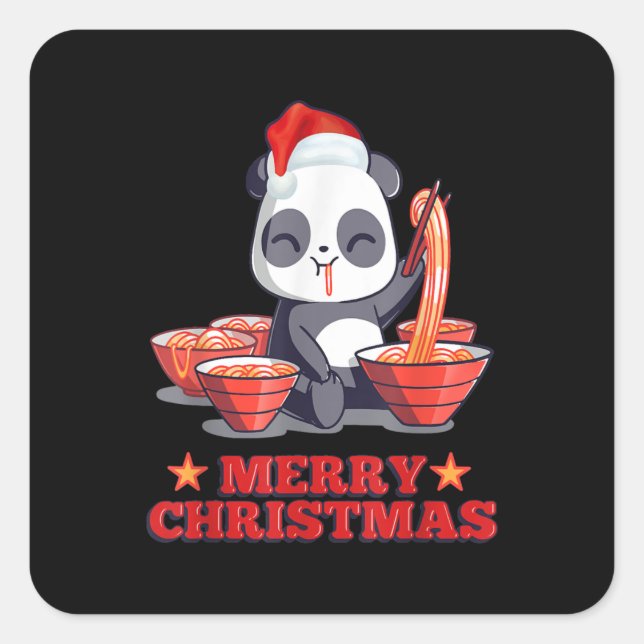 Merry Christmas Cute Ramen Panda Japanese Noodles Square Sticker (Front)