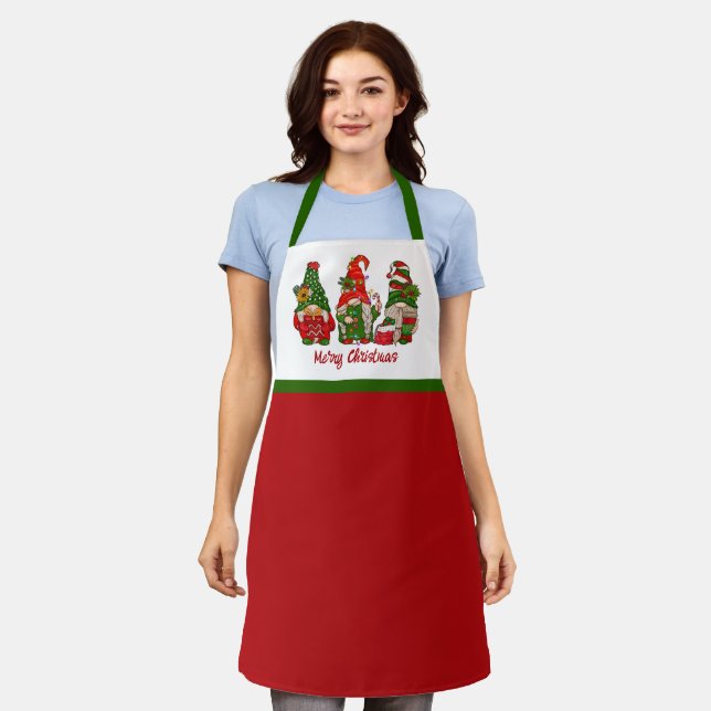 Merry Christmas Cute Red And Green Gnomes Apron (Worn)