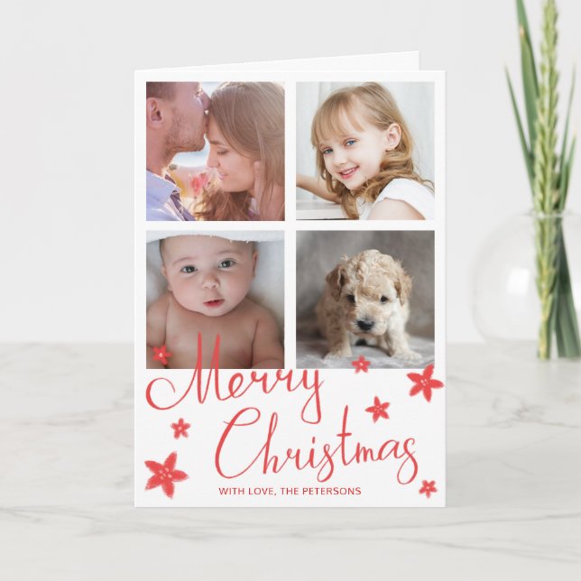 Merry Christmas Cute Red Chalk Photo Collage Holiday Card (Front)