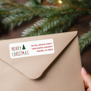 Merry Christmas Cute Red Green Tree Return Address Label