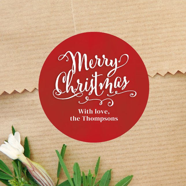 Merry Christmas Cute Red Script Custom Classic Round Sticker (Merry Christmas red and white typography gift stickers. )