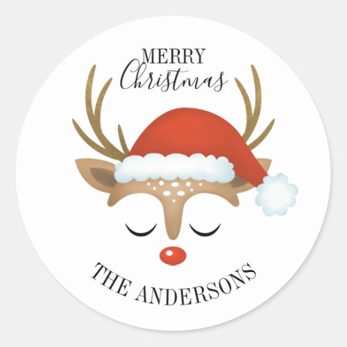Merry Christmas Cute Reindeer Classic Round Sticker