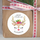 Merry Christmas Cute Reindeer Face Classic Round Sticker<br><div class="desc">A cute reindeer face decorates this sticker with the words Merry Christmas. Fun for decorating your girl's Christmas gifts. Personalize it with the name of your choice. Designed for you by Blackberry Boulevard.</div>