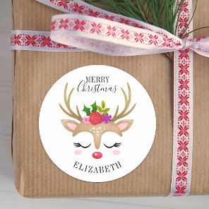 Merry Christmas Cute Reindeer Face Classic Round Sticker