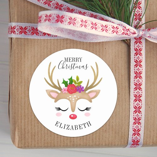 Merry Christmas Cute Reindeer Face Classic Round Sticker