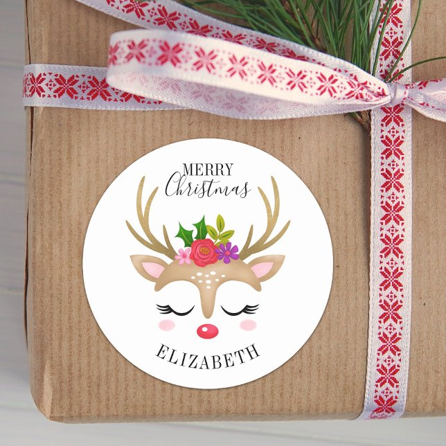 Merry Christmas Cute Reindeer Face Classic Round Sticker (Creator Uploaded)