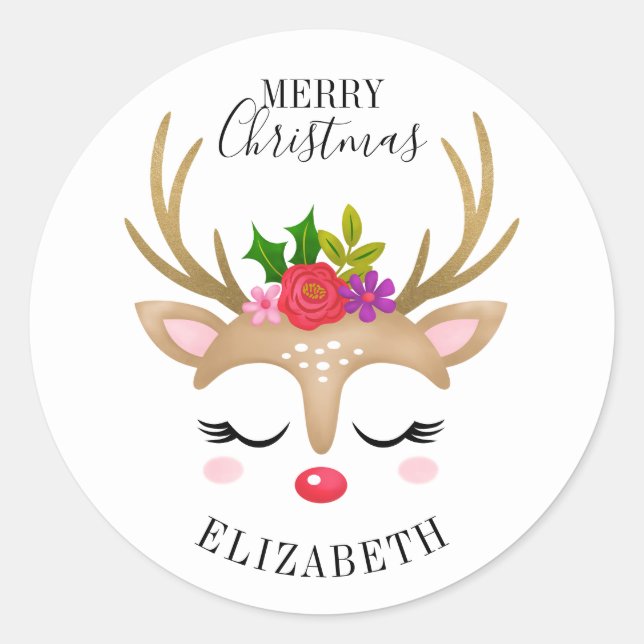Merry Christmas Cute Reindeer Face Classic Round Sticker (Front)