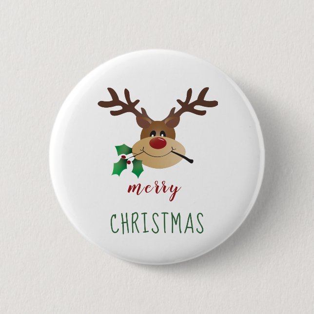 Merry Christmas Cute Reindeer Mistletoe Red Green Button (Front)