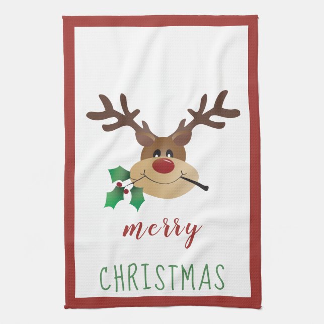 Merry Christmas Cute Reindeer Mistletoe Red Green Kitchen Towel (Vertical)
