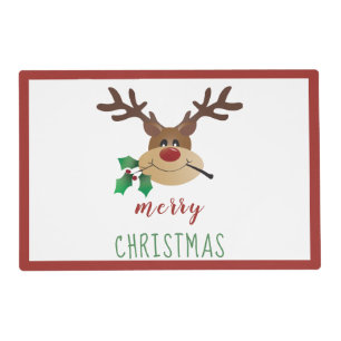 Merry Christmas Cute Reindeer Mistletoe Red Green Placemat