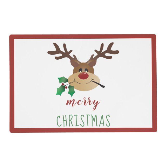 Merry Christmas Cute Reindeer Mistletoe Red Green Placemat (Front)