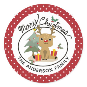 Merry Christmas Cute Reindeer Personalized Name Classic Round Sticker