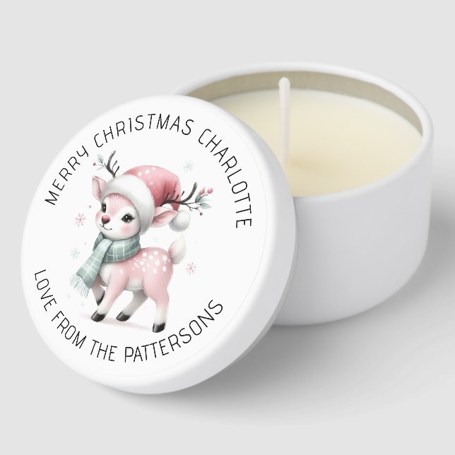 Merry Christmas Cute Reindeer Personalized Name Mini Candle Favors (Corner)