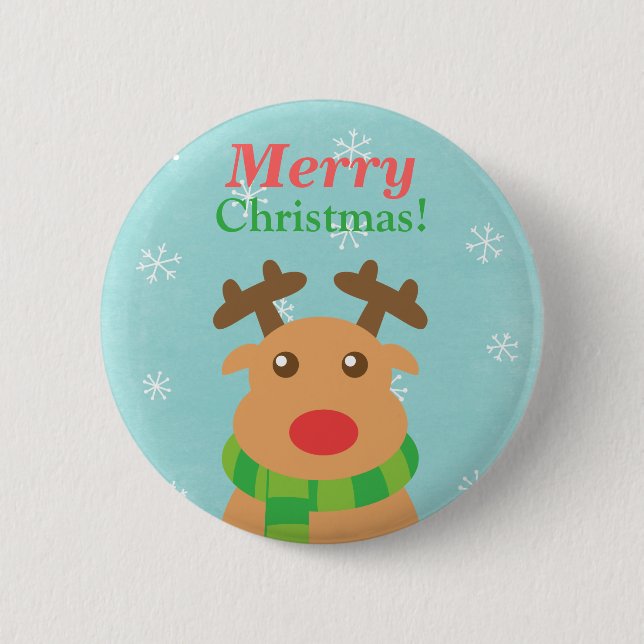 Merry Christmas Cute Reindeer Red Nose Butoon Button (Front)