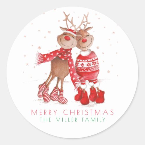 Merry Christmas Cute Reindeer simple minimal Classic Round Sticker