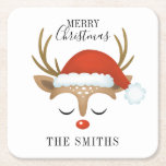 Merry Christmas Cute Reindeer Square Paper Coaster<br><div class="desc">A cute reindeer face with a Santa hat decorates this coaster with the words Merry Christmas. Fun for your holiday party. Personalize it with your name. Designed for you by Blackberry Boulevard.</div>