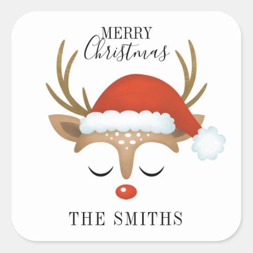 Merry Christmas Cute Reindeer Square Sticker
