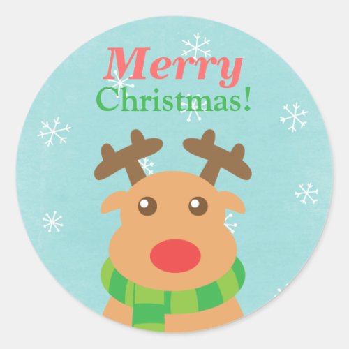 Merry Christmas _ Cute Reindeer with Red Nose Classic Round Sticker