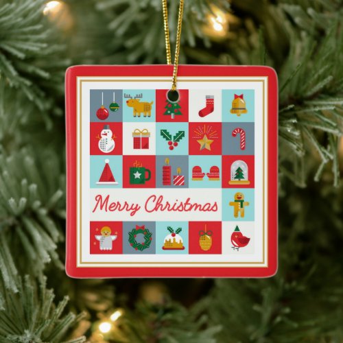 Merry Christmas Cute Retro Winter Christmas Icons Ceramic Ornament