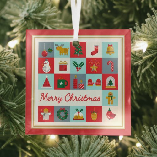 Merry Christmas Cute Retro Winter Christmas Icons Glass Ornament