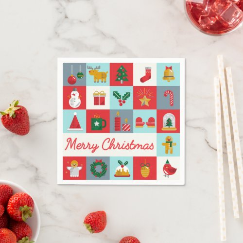 Merry Christmas Cute Retro Winter Christmas Icons Napkins