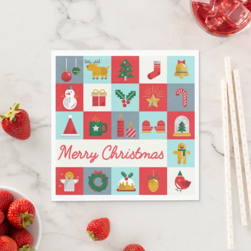 Merry Christmas Cute Retro Winter Christmas Icons Napkins