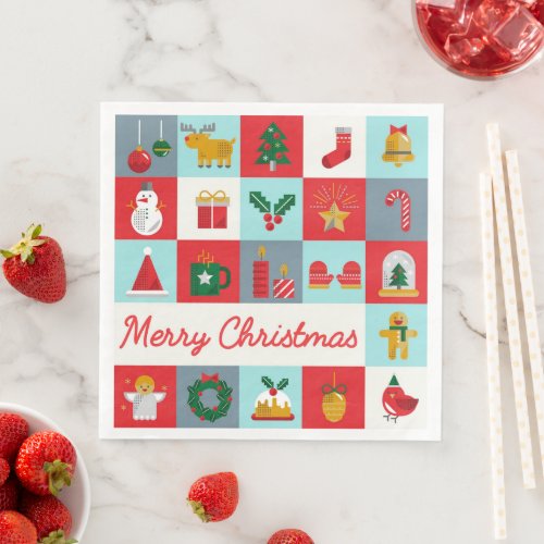 Merry Christmas Cute Retro Winter Christmas Icons Paper Dinner Napkins