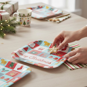 Merry Christmas Cute Retro Winter Christmas Icons Paper Plates