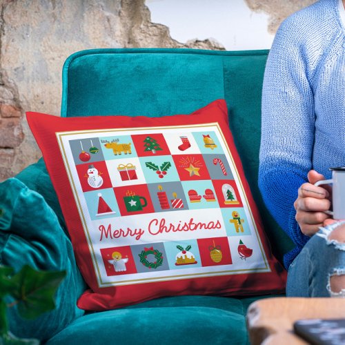 Merry Christmas Cute Retro Winter Christmas Icons Throw Pillow