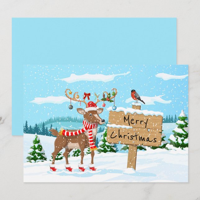 Merry Christmas Cute Rudolph and Bird Holiday Card (Front/Back)
