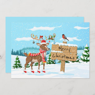 Merry Christmas Cute Rudolph and Bird Holiday Card