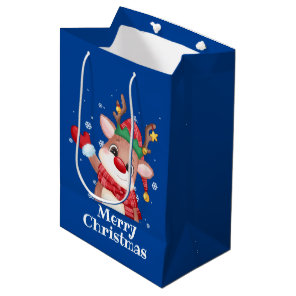 Merry Christmas Cute Rudolph The Red Nose Reindeer Medium Gift Bag