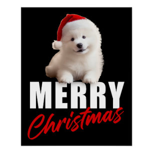 Merry Christmas Cute Samoyed Puppy with Santa Hat Poster