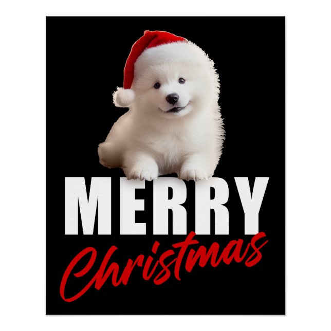 Merry Christmas Cute Samoyed Puppy with Santa Hat  Poster (Front)
