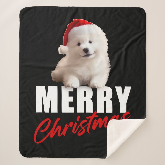 Merry Christmas Cute Samoyed Puppy with Santa Hat  Sherpa Blanket (Front)