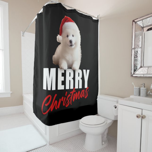 Merry Christmas Cute Samoyed Puppy with Santa Hat  Shower Curtain (In Situ)