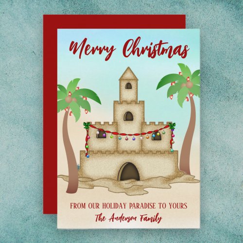 Merry Christmas Cute Sandcastle Beach Home Holiday Card