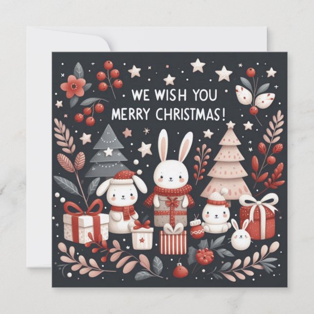 Merry Christmas cute Santa bunnies Holiday Card (Front)