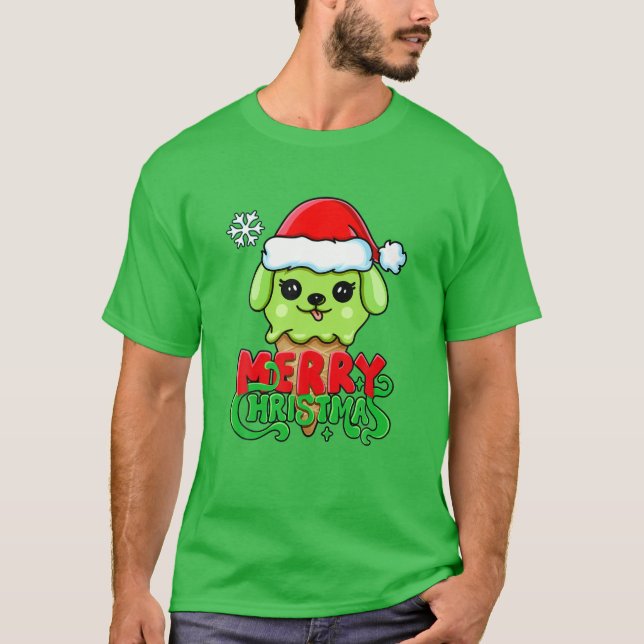 Merry Christmas, Cute Santa Dog Ice Cream, Matchin T-Shirt (Front)