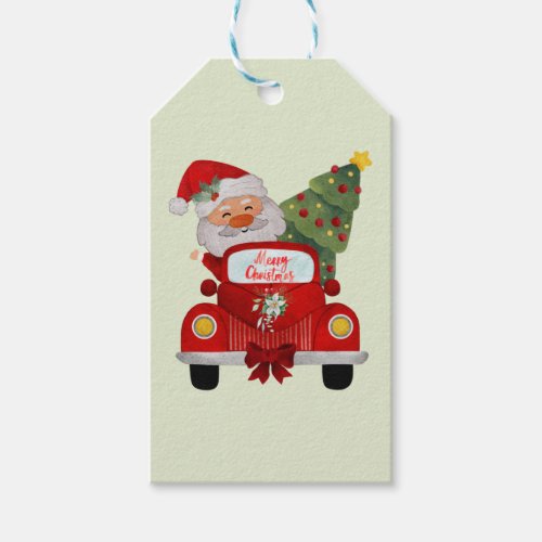Merry Christmas Cute Santa in Red Vintage Car Gift Tags