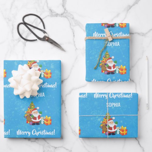 Merry Christmas Cute Santa Personalize Name Blue Wrapping Paper Sheets