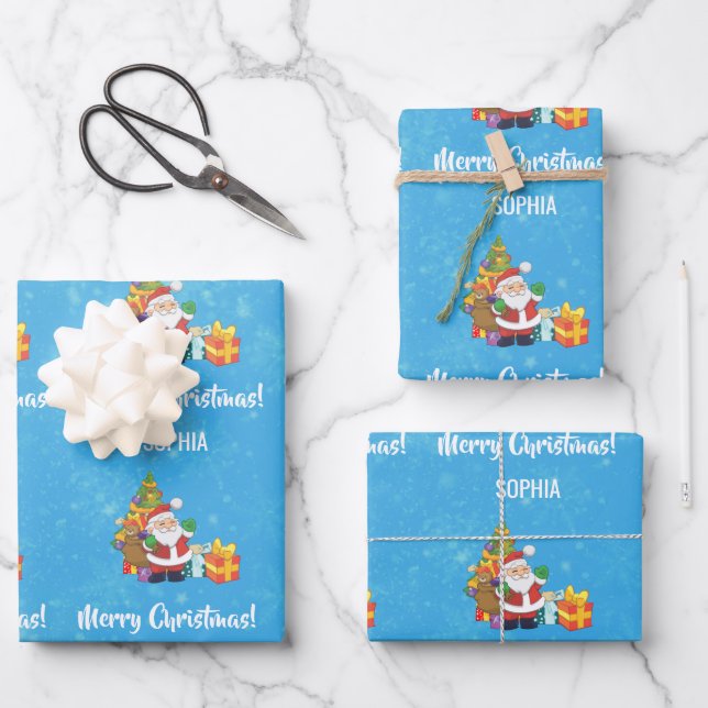 Merry Christmas Cute Santa Personalize Name Blue Wrapping Paper Sheets (Front)