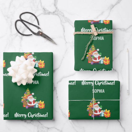 Merry Christmas Cute Santa Personalize Name Green Wrapping Paper Sheets