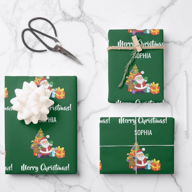 Merry Christmas Cute Santa Personalize Name Green Wrapping Paper Sheets (Front)