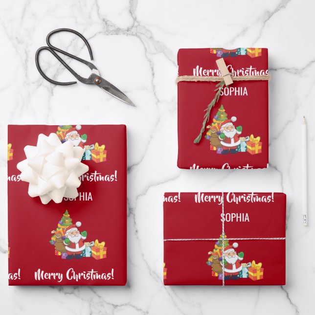 Merry Christmas Cute Santa Personalize Name Red Wrapping Paper Sheets (Front)