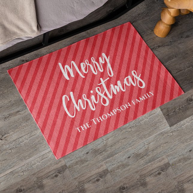 Merry Christmas Cute Script Custom Doormat (Merry Christmas holiday red striped doormat)
