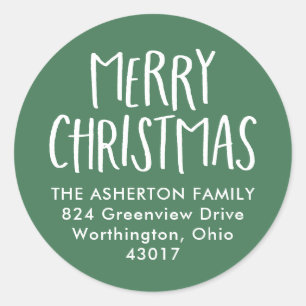 Merry Christmas cute simple green return address Classic Round Sticker
