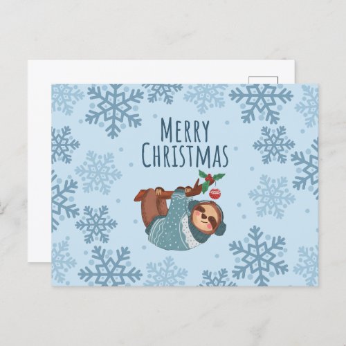 Merry Christmas Cute Sloth and Blue Snowflakes  Postcard